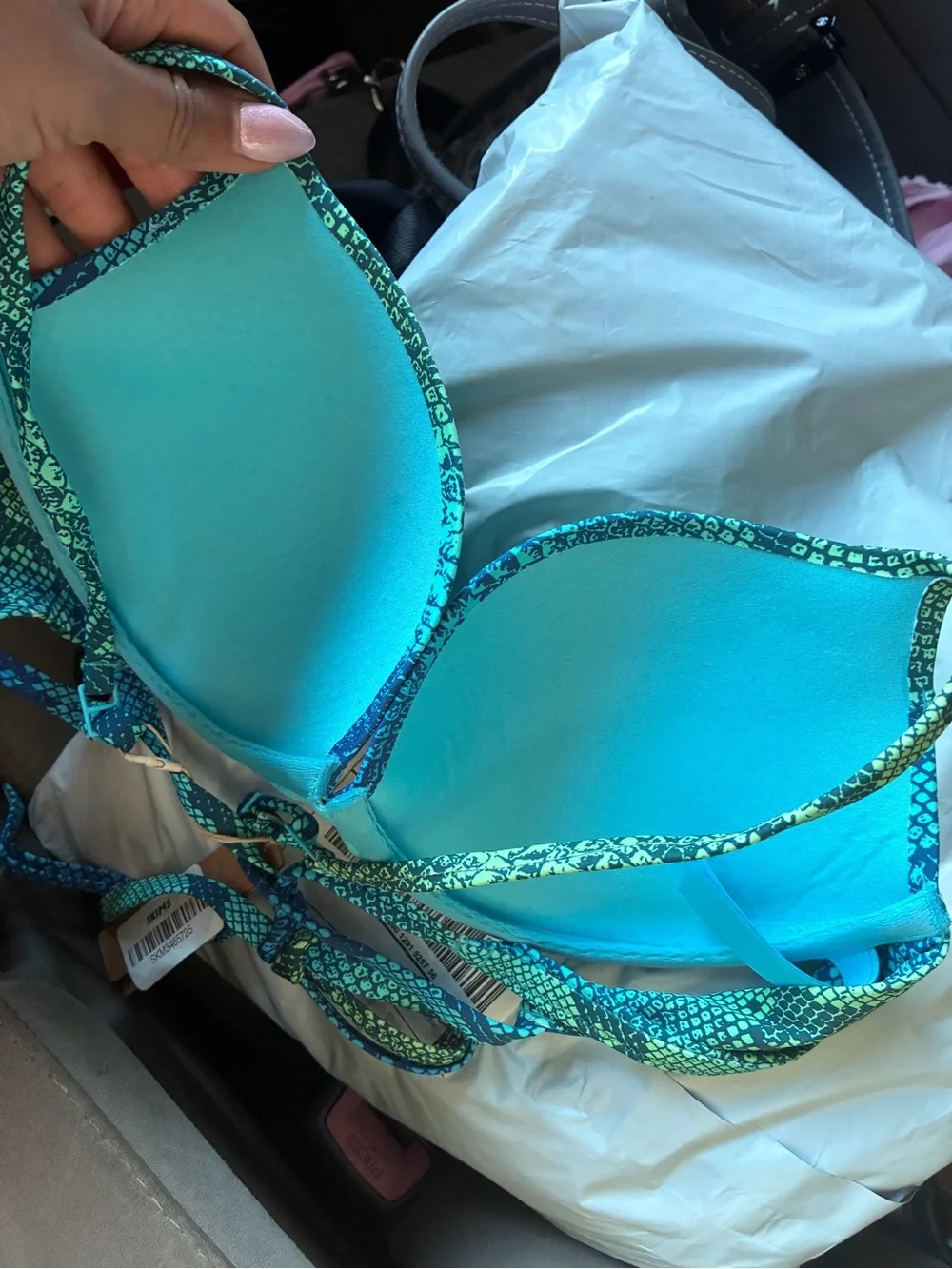 SKIMS Teal and Mint Patterned Padded Bikini Top